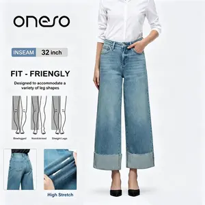 ONESO plus size clothing brand High Rise High Stretch Wide Leg Cuffed Hem Jeans for Women Distressed Denim with Whiskering Faded Wash Five Pocket Zip Fly Basic jean finds  a very good jeans