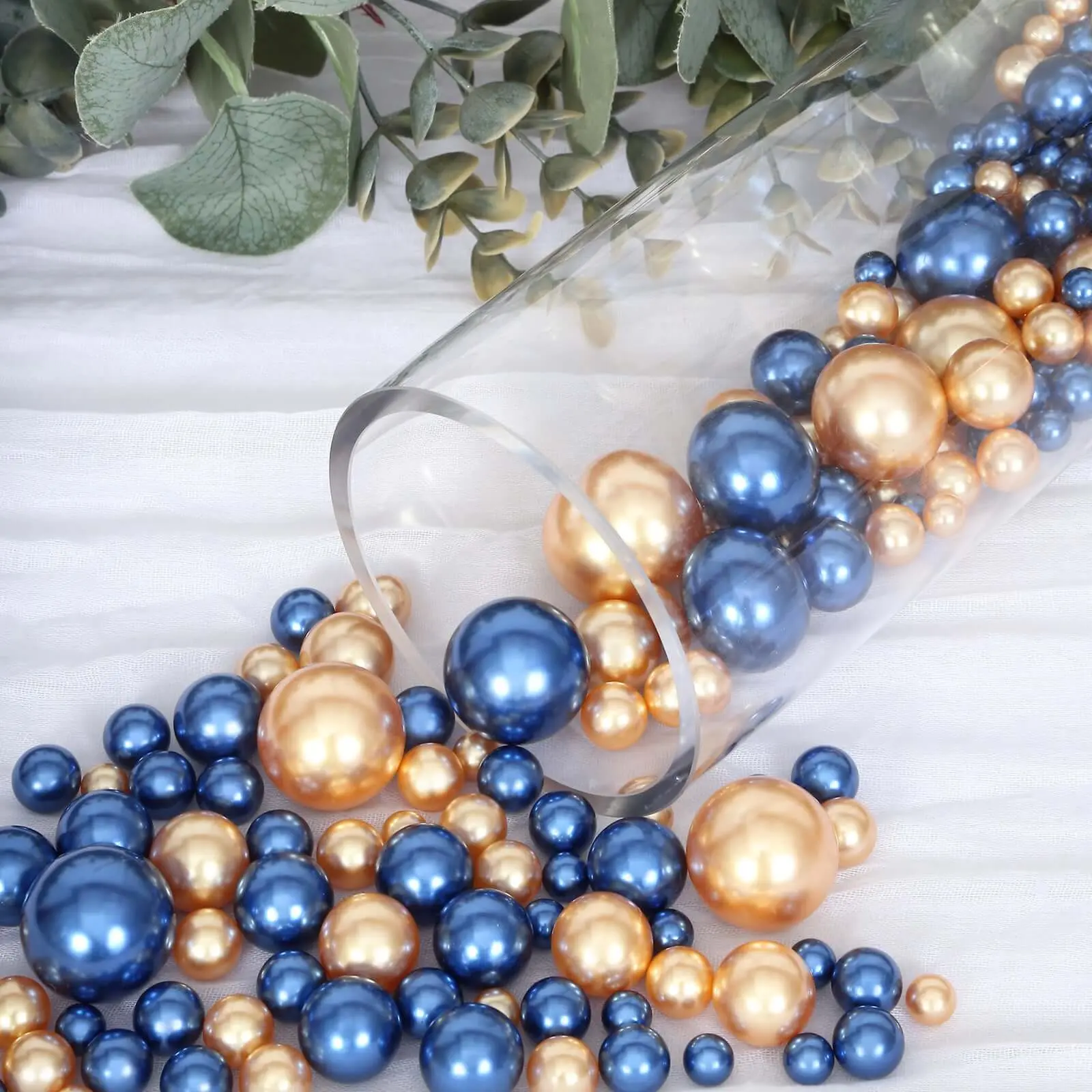 200Pcs Assorted Pearl Beads Vase Fillers in Navy Blue and Gold, Lustrous DIY Craft Bead Set, Beads Bulk, Decorative Beads