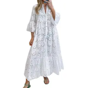 Chouyatou Women's 2025 Lace Eyelet Embroidery Maxi Dress V-Neck Trumpet Sleeve Boho Flowy Swing Dress