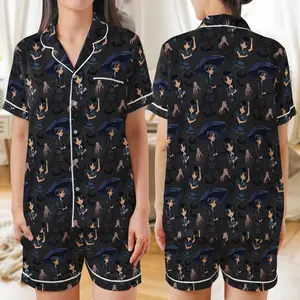 Wednesday Addams Anime Pajama Set – Cute Gothic Cartoon Satin Sleepwear, Halloween Outfit for Women