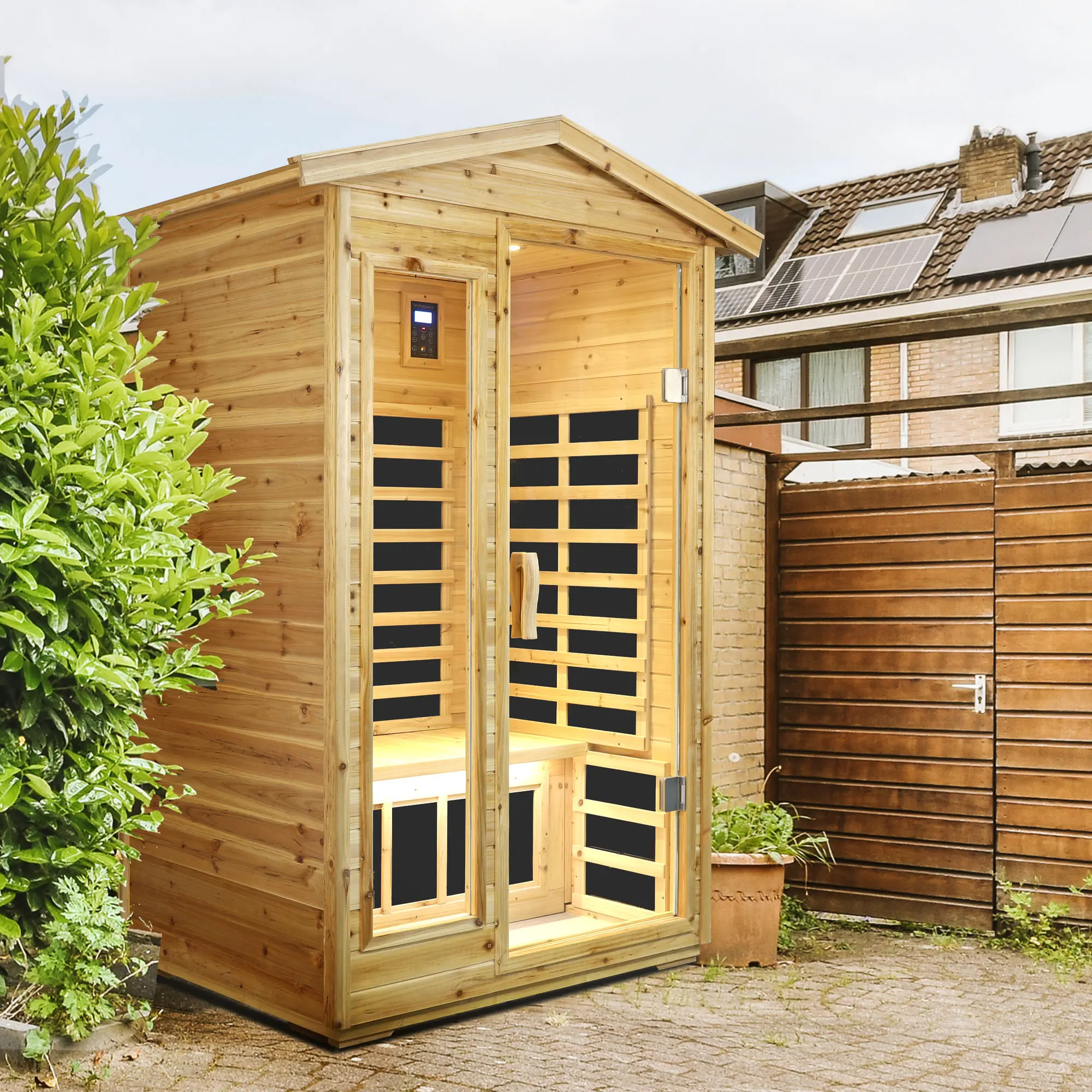 Outdoor Far Infrared Sauna for Two, Natural Wood, 6 Heating Panels, Bluetooth Audio, LED Light, Touch Control, 1750W, 120V, for Backyard Relaxation