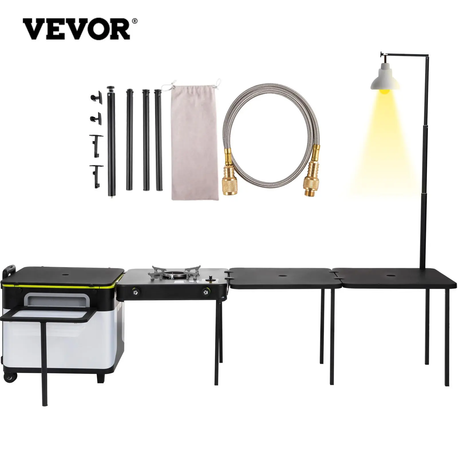VEVOR Outdoor Mobile Kitchen,  Portable Multifunctional Camp Box with Wheels All in One Integrated Cooking Station with Windproof Stove, Folding Tables Storage Organizer, Black