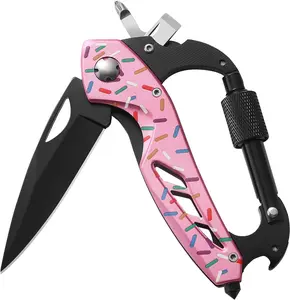 Donut Multitool Carabiner Knife Gifts for Women Men,Survival Gear for Camping Hiking，EDC Carabiners, 6-in-1 Multi Tools with Window Breaker, Bottle Opener and Screwdriver,Gifts for Women Men （Donut）