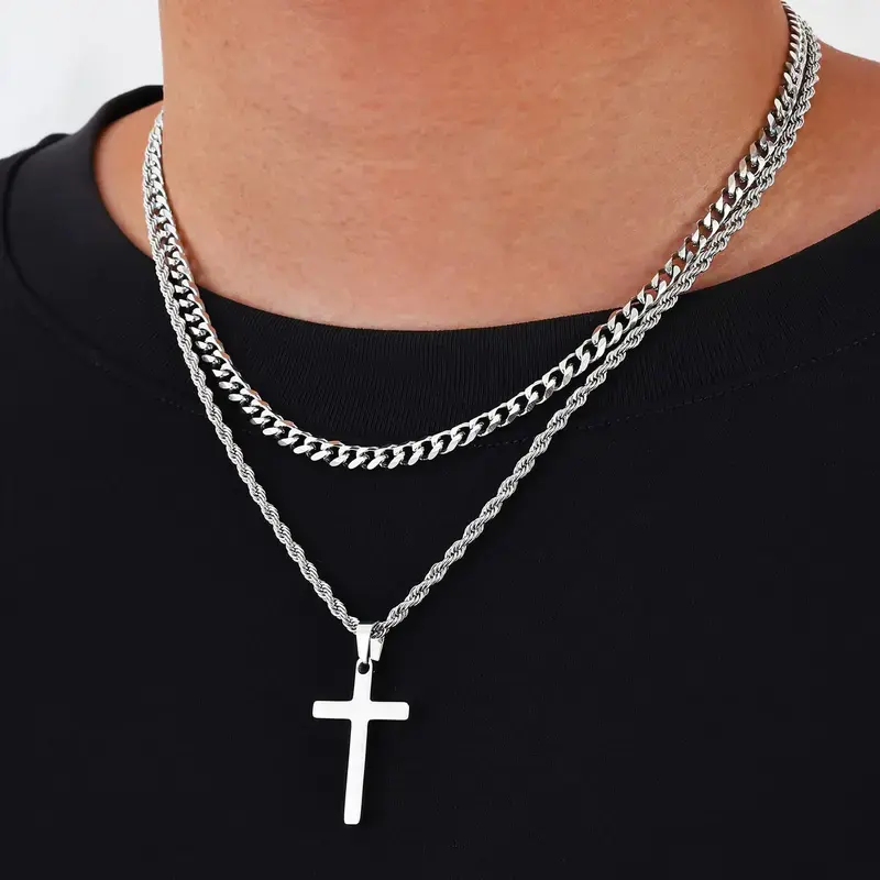 Cross Necklace for Men&Women,Layered Two-Piece Waterproof Necklace Set,Layered Cross Necklaces Stainless Steel Cross Pendant Cuban Link Rope Chain
