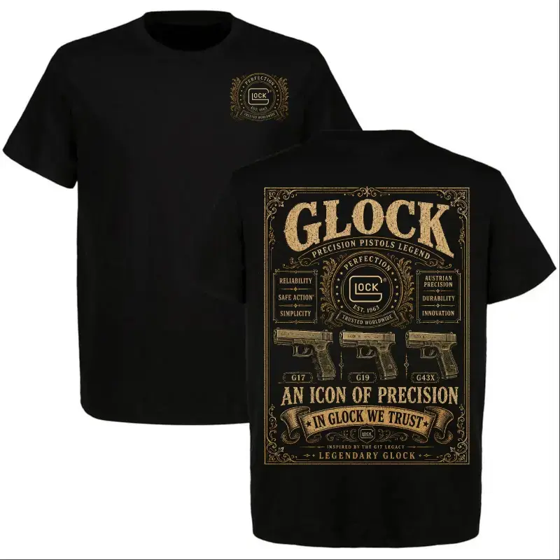 Graphic-T-Shirt Glock G17 G19 G43X Shirt, "In Glock We Trust" Tactical Graphic Tee, Front and Back Print, Glock Fan Shirt, Tactical Style Apparel, Men's Gift Shirt, Unisex Streetwear Tee, Classic Graphic T-Shirt, Camiseta Verano  Cotton tee