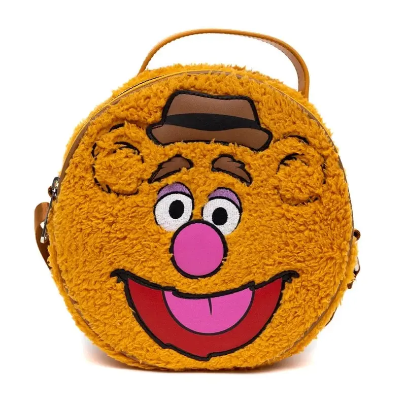 Women's Whimsical The Muppets Fozzie Bear Face Print Faux Fur Round Crossbody Bag, Vegan Leather, Adjustable Strap, Casual Use, Soft Faux Fur, Fur Texture Adds Plush Charm