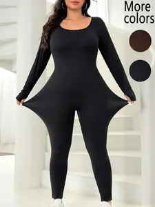 【Plus Size】1 Piece Women's Long Sleeve Workout Jumpsuits, TikTok Viral "Buttery Soft Athleisure" & "Quiet Luxury" Style, Ultra-Stretchy Fabric & Body-Hugging Fit, Scoop Neck Detail, For Plus-Size Fashion Women, Perfect for Gym Sessions