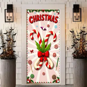 1pc Christmas party banner, made of polyester material, with a pink candy background picture, suitable for holiday parties, Christmas party decoration, indoor and outdoor decoration, and front door decoration