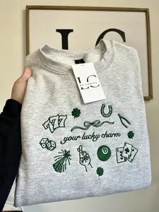 [MADE IN US] Lucky Charm Embroidered Sweatshirt – St. Patrick’s Day Crewneck, Lucky Symbols Embroidery, Unisex Cozy Graphic Sweatshirt