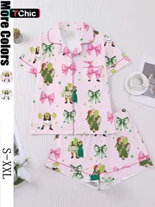 Shrek Fiona Bow Sleepwear Set, Cartoon Print Short Sleeve Shorts, Girls Homeewear, Couple Set, Family Set, Holiday Set, Pajama Set