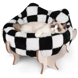 Elevated Cat Bed for Indoor Cats, Pet Couch Bed with Removable Fluffy Cushion, Wooden Stand, 18” x 11” Raised Cat Sofa for Kitty Puppy, Checkered Soft Cushion Cats Furniture