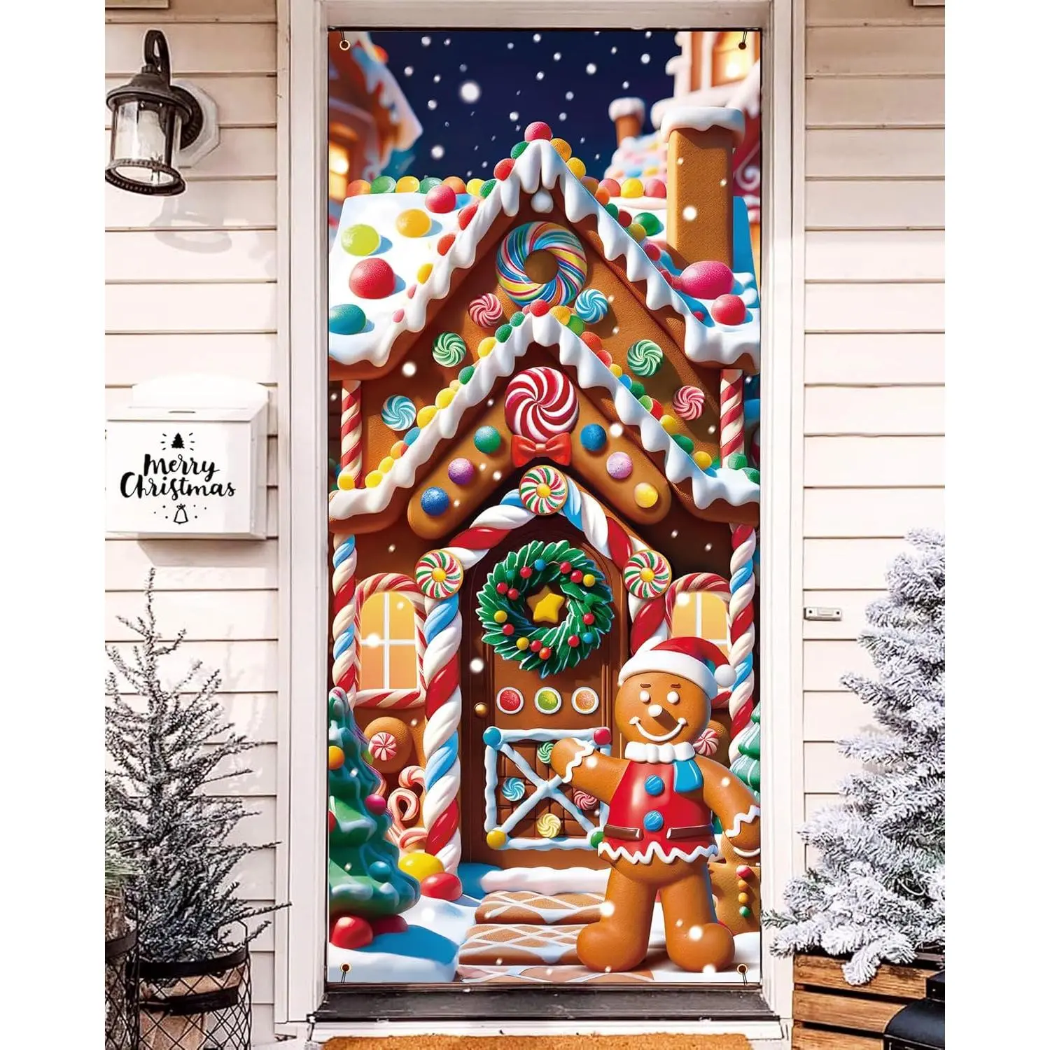 Christmas Door Cover Decorations, 35.4"x78" Gingerbread man and Candy House Design, Festive Holiday Door Decor for Front Doors