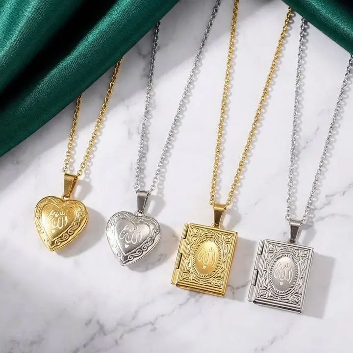 Heart & Book Allah Photo Locket Necklace Stainless Steel 18K Gold Silver Plated Openable Photo Frame Pendant Islamic Muslim Religious Jewelry Ramadan Eid Gift For Women