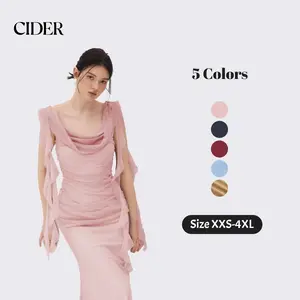 Cider Cowl Neck Solid Ruffle Hem Ruched Maxi Dress