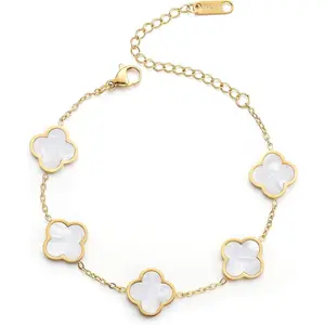 Gold Plated Clover Lucky Bracelet for Women, White/Black/Red/Green Four Leaf Link Bracelets Trendy Jewelry Gifts