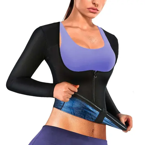 Women's Solid Polyester Long Sleeve Sports Sauna Sweat Suit - Normal Type Fajas Shapewear Fitness Top, Waist Training Undershirt, Tummy Smoothing Vest, Machine Washable Casual Gym Outfit