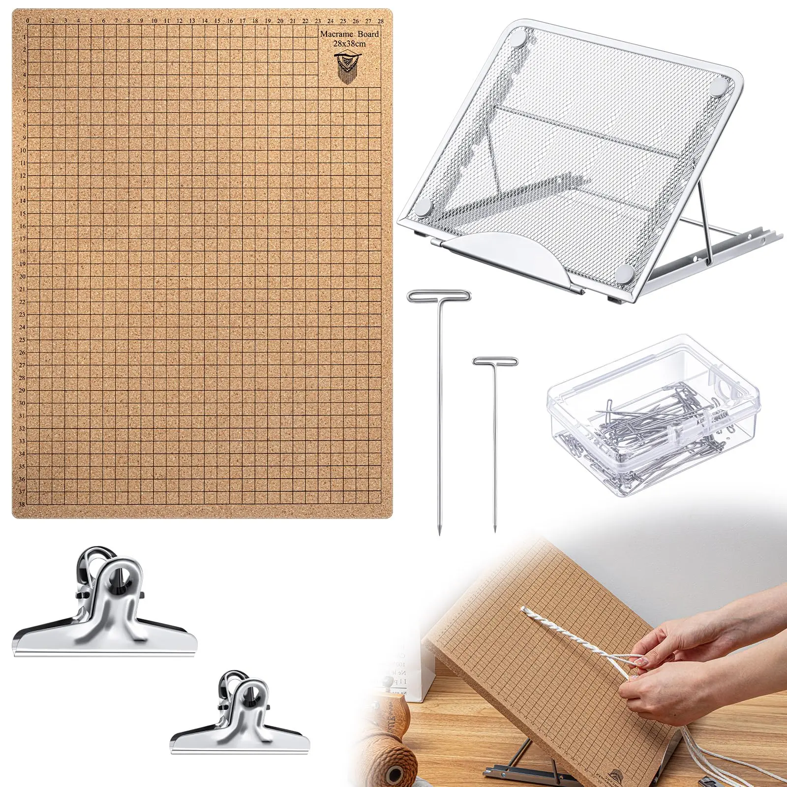 104 12x16 Inch Macrame Board And Metal Adjustable Holder With T Pins Clips Project Supplies Tools Double Sided Grids For Braiding Cording Bracelet Creating