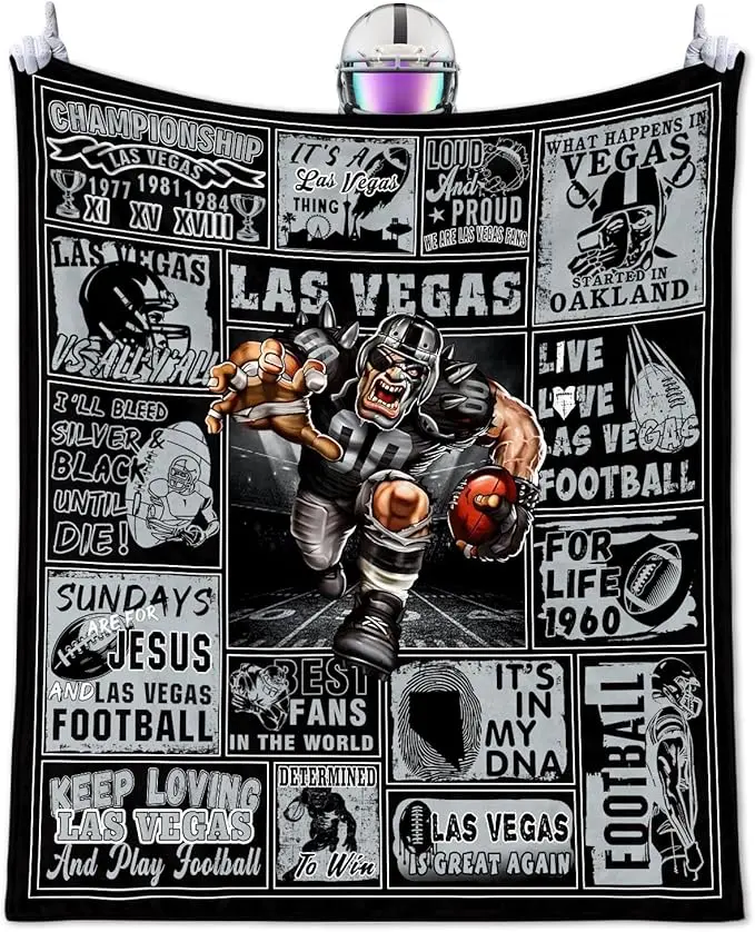 Las Vegas Flannel Blanket, Silver Black Football Fan Throw Blanket, Desert City Blanket, Soft Cozy Throw for Sofa Couch Bed, Game Day Home Decor, Vintage Football Lover Gift for Men Women, Warm Flannel Blanket, Las Vegas Fan Gift