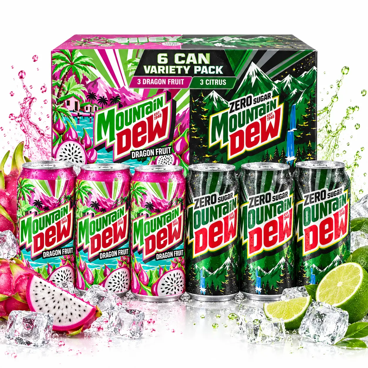 Mountain Dew Dragon Fruit & Citrus Soda Variety Pack, 12 fl oz Cans, 6 Count – 3 of Each Flavor