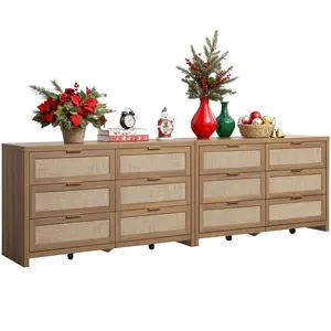 SICOTAS Rattan Dresser for Bedroom, 17.7" x 56.9" x 31.3" Size 6 Drawer Dresser with Ample Storage,Unique Engineered Wood Dressers Large Chest of Drawers for Nursery, Closet, Boho TV Stand for Bedroom, Sturdy and Durable, Easy Installation