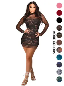 Women's Marble Print Sheer Mesh Dresses Set, Mock Neck Long Sleeves Bodycon Fitted Short Dress & Adjustable Strap Dress Two-piece Outfits for Party Club Wear, Ladies Summer Clothes, Womenswear
