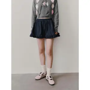 URBAN REVIVO Women's 2026 Spring Ruffled Denim Mini Skirt - Elastic Waist, Cotton-Hip Design, Viscose-Polyester Fabric, Casual Daily Wear, Women's Bottoms UYU860021