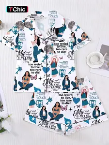 This 2-piece women's pajama set, Loungewear, features a butterfly-themed floral print, a short-sleeved collared button-down soft top, and loose-fitting stretch shorts. It's an everyday outfit, perfect for holidays, parties, or casual outdoor wear