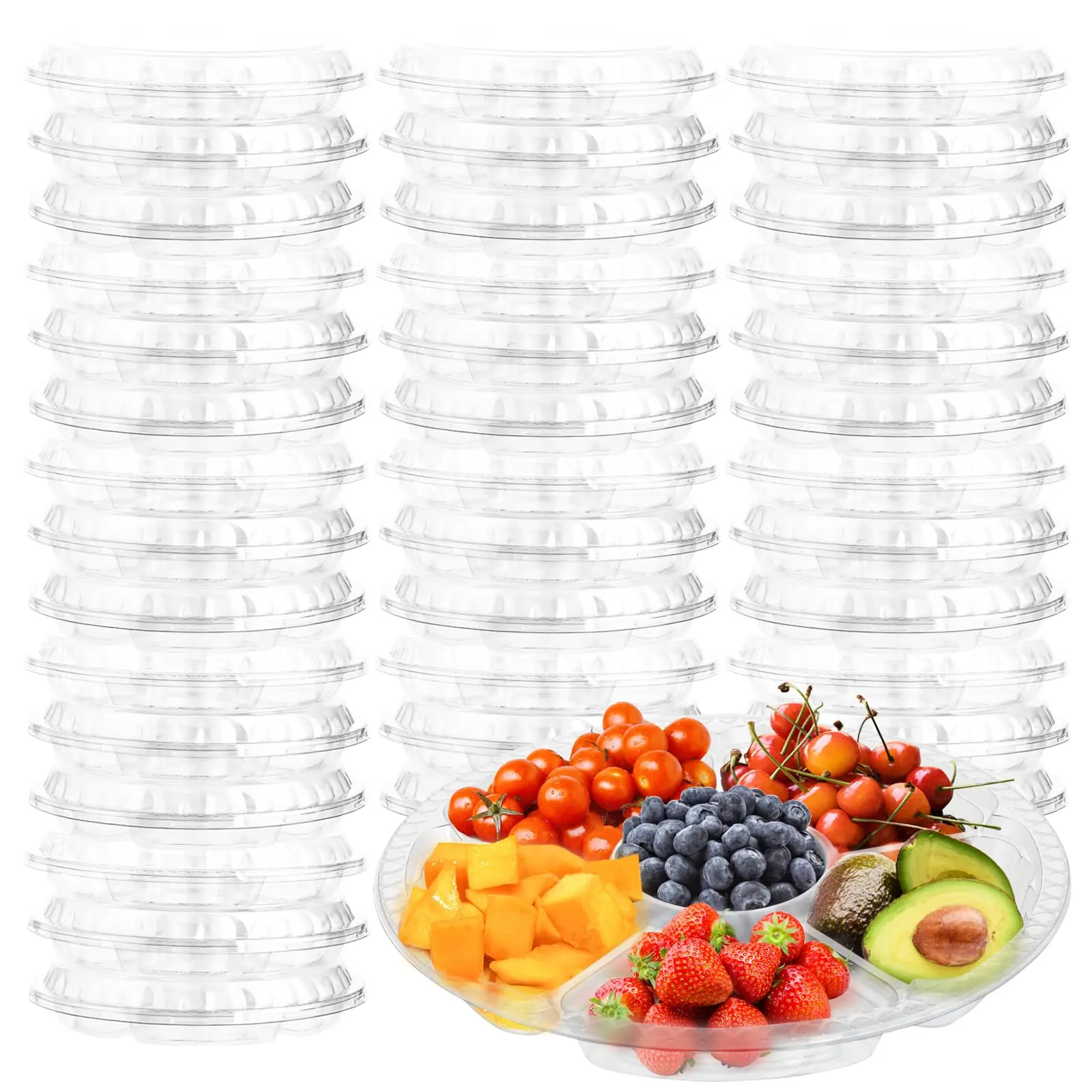 30 Pack Fruit Trays For Serving Party  6 Divided Compartment Disposable Platters Vegetable Snack Nut Plastic Veggie Tray With Lid Buffet Catering(10.4 Inch)
