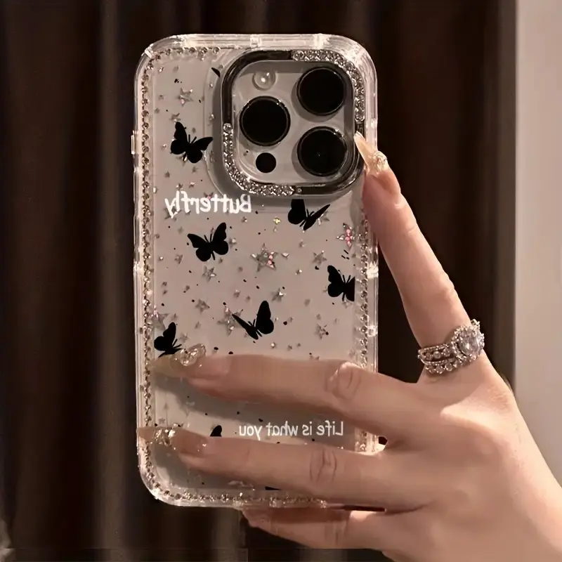 Luxury Rhinestone Butterflies Custom Smartphone Case - Transparent Shimmering Starlight Polycarbonate Shockproof Protection Cover, Handheld Shell Accessory for iPhone 17 Pro Max/17 Air/16 Pro Max/15 Plus/14/13/12, Christmas/Halloween Gift
