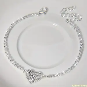 Silvery Pleated Water Drill Love Heart Pull Bracelet, Suitable for Ladies' Daily, Birthday or Wedding Party Wear, Bracelets