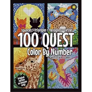 100 QUEST Color By Number: Squares + Triangles + Hexagons + Circles (BLACK backgrounds): color quest activity book for adults-Paperback