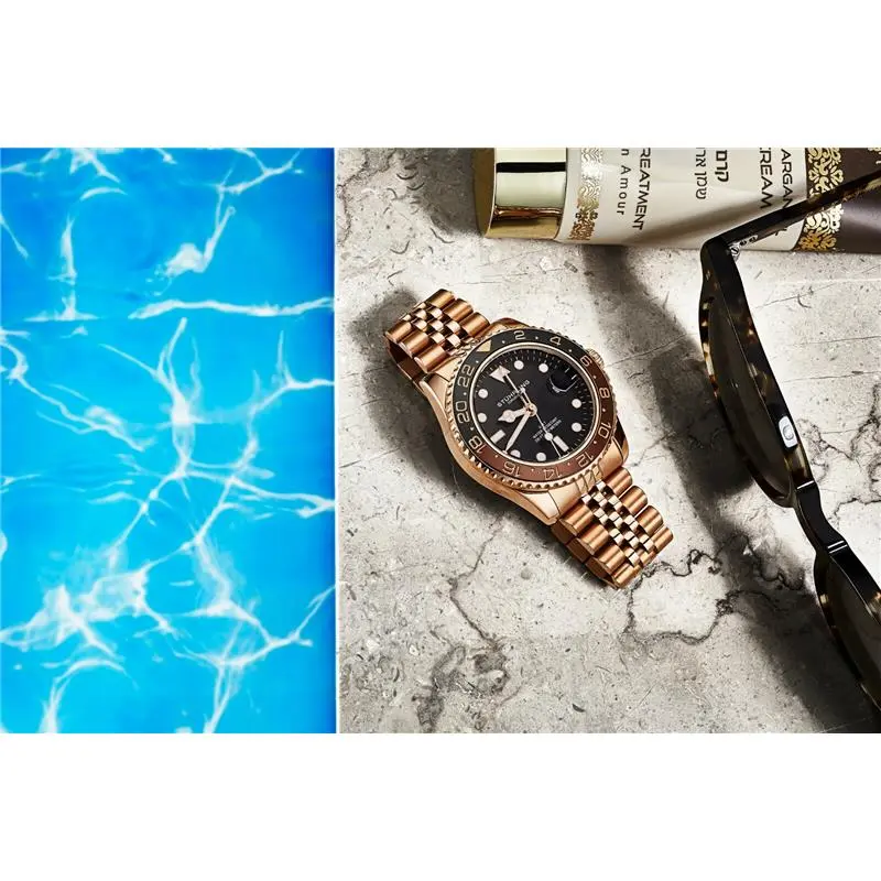 Stuhrling Aqua-Diver 3968 Swiss Quartz Men's Rose  Bracelet Black Dial Watch