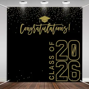 Class of 2026 Graduations Backdrop Congrats Grad Party Photo Background, 6 * 6Ft Large Booth Props Congratulations Banner for 2026 Graduation Party Decorations Supplies (Black Gold) Hallswl