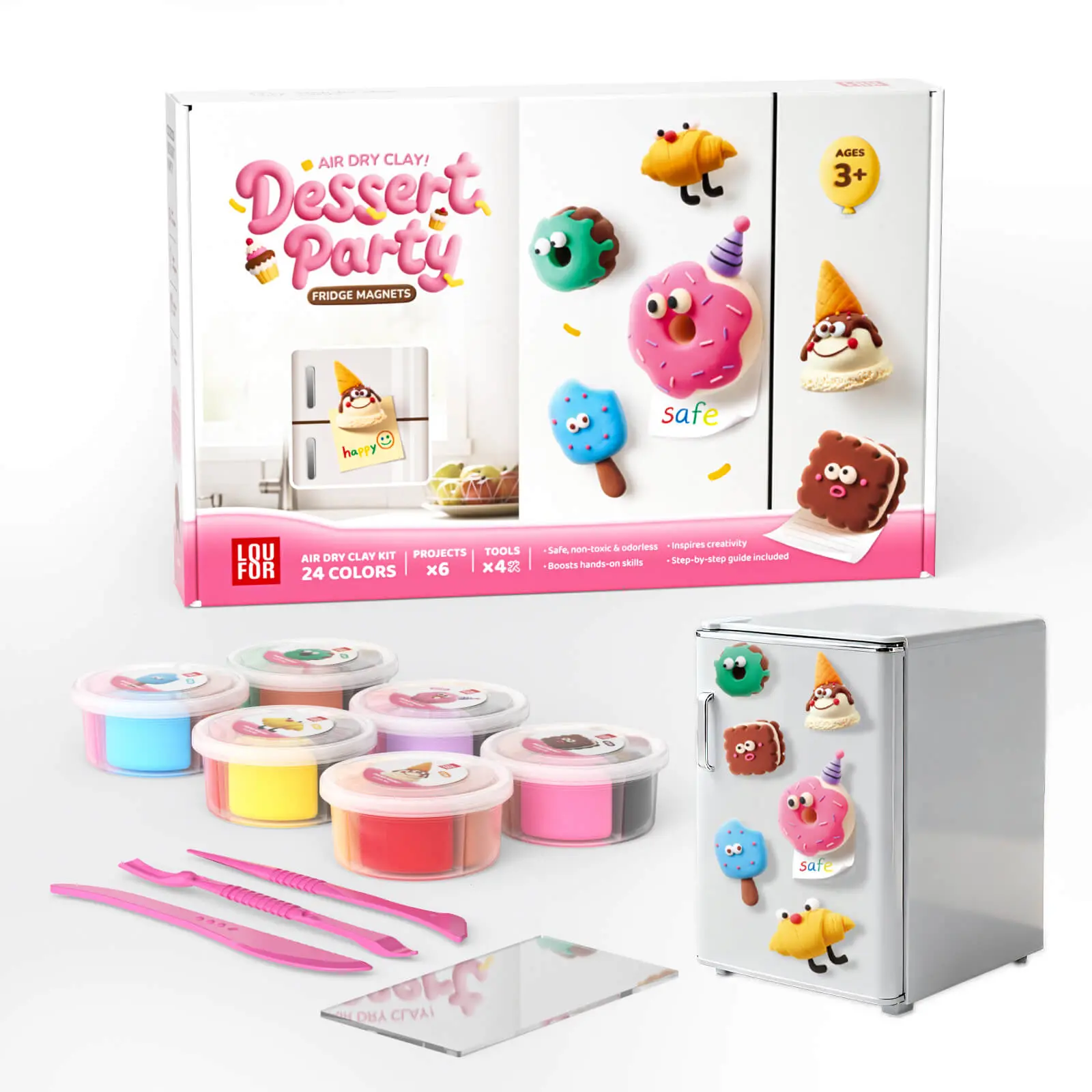 Dessert Party Fridge Magnet Clay Kit - Air Dry Clay Set with 3 Sculpting Tools, Embossing Plate & Gift-Ready Tutorial Cards for Kids Ages 3+ Fun DIY Craft Kit Clay for Kids