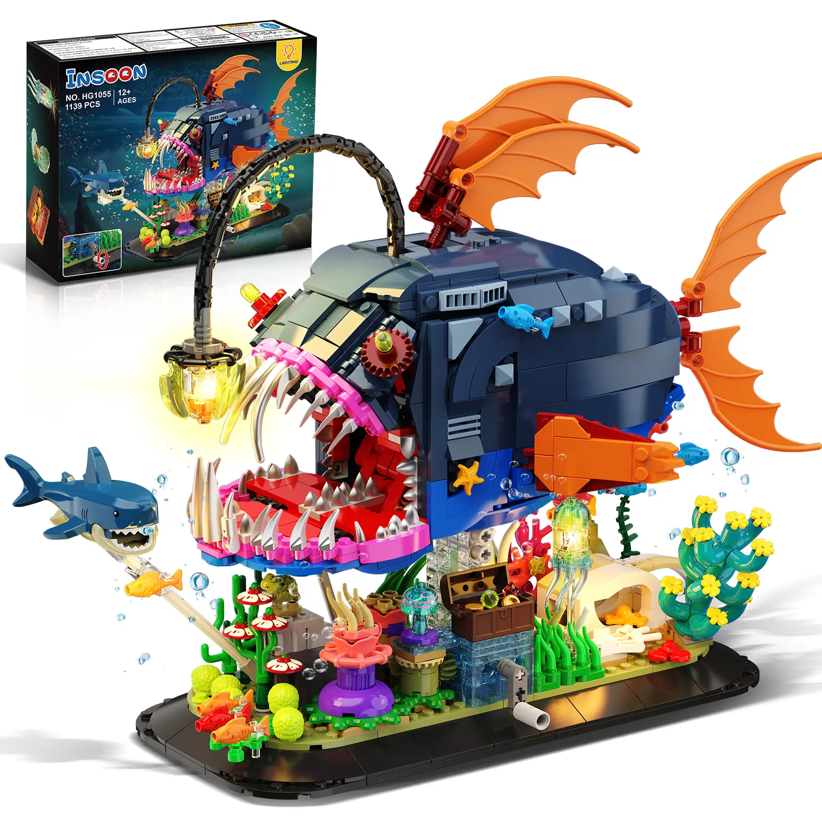 INSOON Mechanical Angler Fish Building Set with Lights, 1139-PC Ocean Animal Kit with Movable Lantern Fish, Shark, Jellyfish, Home Decor Gift for Teens & Adults 12+
