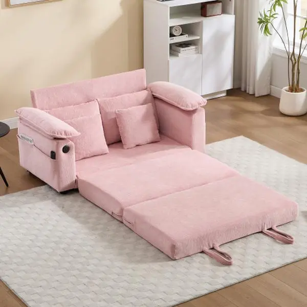 58" 3-in-1 Convertible Futon Sofa Bed, Tufted Upholstered Pull Out Loveseat, Foldable Floor Daybed Couch with Side Pockets for Living Room（Pink）
