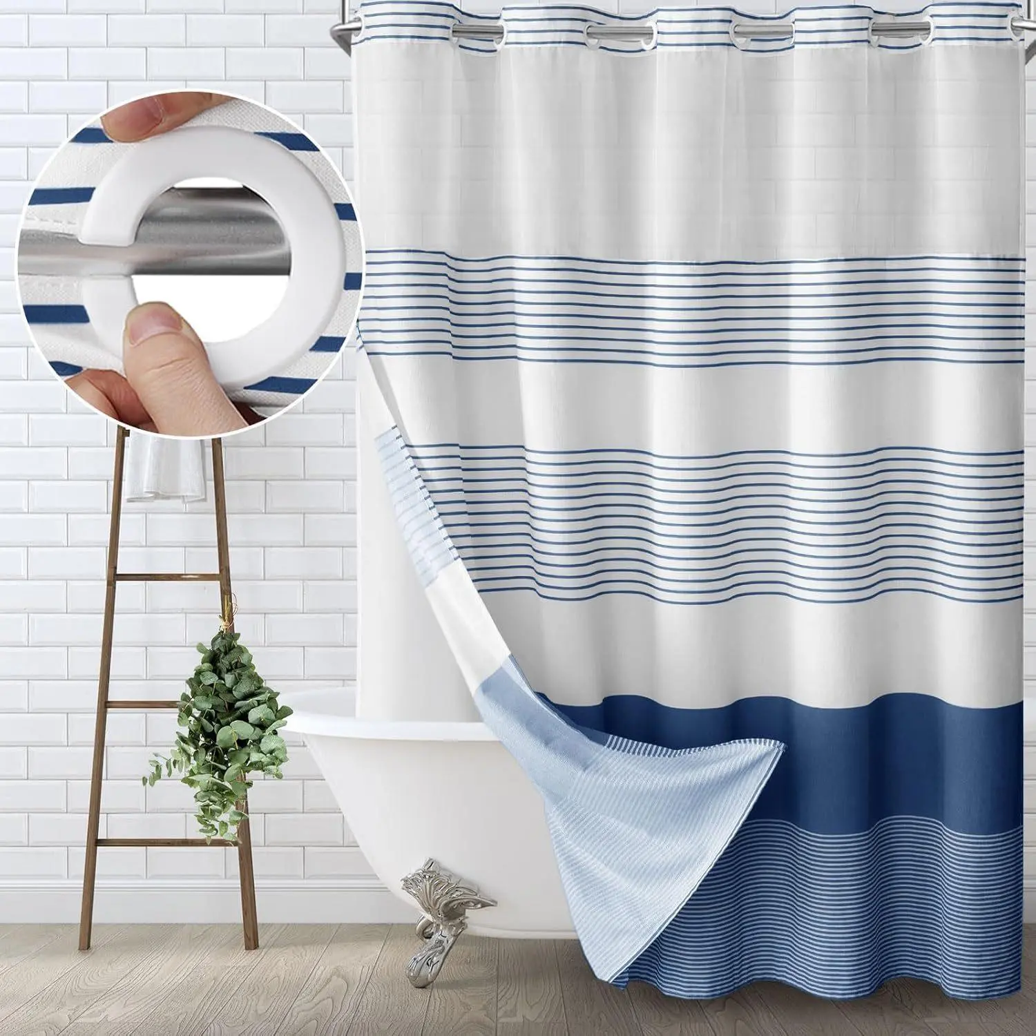 Blue Striped Hookless Shower Curtain with Mesh Top Window, No Hook Shower Curtain and Snap-in Liner Set, Easy Install, Waterproof & Washable, Modern Bathroom Decor, 72x75 Inch