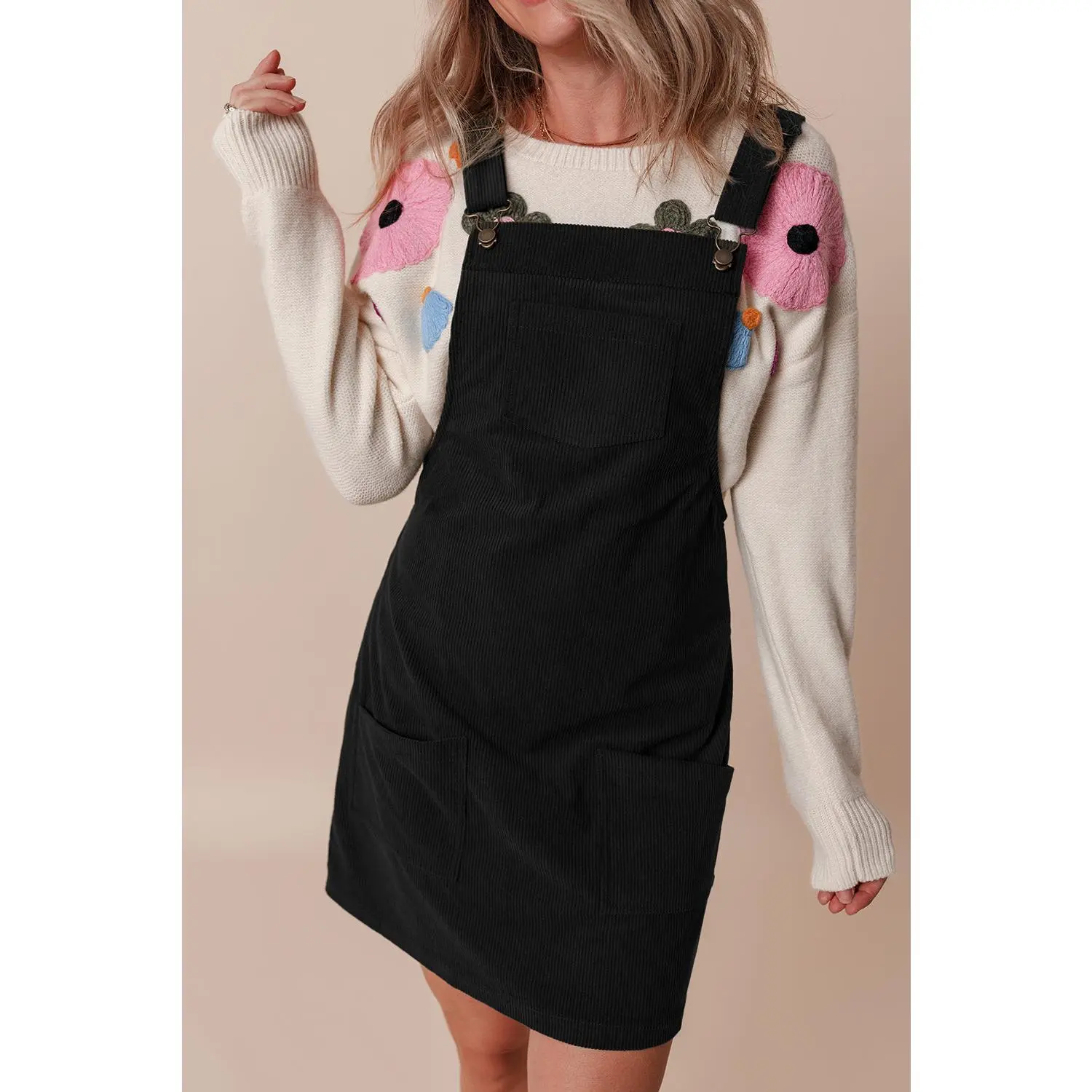 Black Solid Front Pockets Sleeveless Corduroy Overall Dress