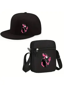 Panther Print Unisex Flat Brim Baseball Cap & Crossbody Bag Set, Street Style Outdoor Sports Hat and Shoulder Bag, Adjustable Gift
