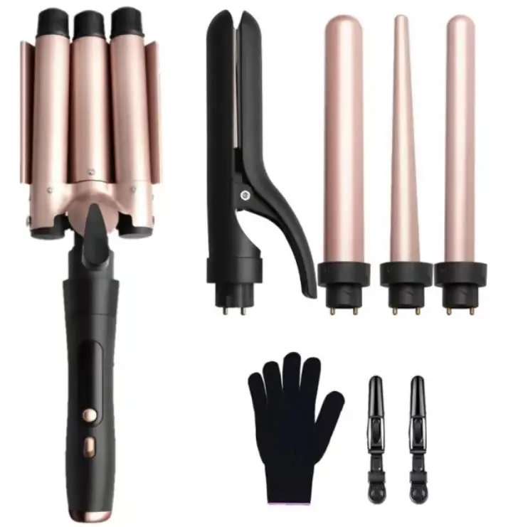 5-in-1 Curling Iron Set with Hair Straightener 3 Ceramic Curlers 2 Rapid Heating Curlers Gloves & Clamps Rose Gold Daily Smooth Styling Tools