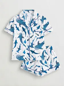 Women's Shark Print Pajama Set, Short Sleeve Button-Up Top and Elastic Shorts, Casual All-Season Sleepwear, Comfortable Home, Homewear