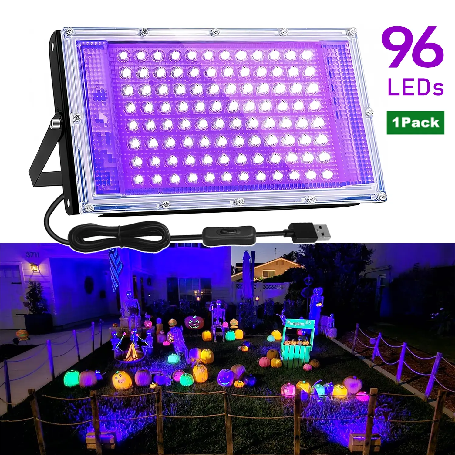 1 Pack 96 LED UV Floodlamp, USB Plug Wide Angle Black Light with USB Adapter, DC 5V Decorative Halloween Decorations Lamp, 385-400nm for Neon Glow Photography, Stage Lighting