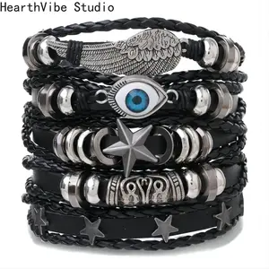 Stylish multi-layer set, hand-woven leather bracelet, popular jewelry.