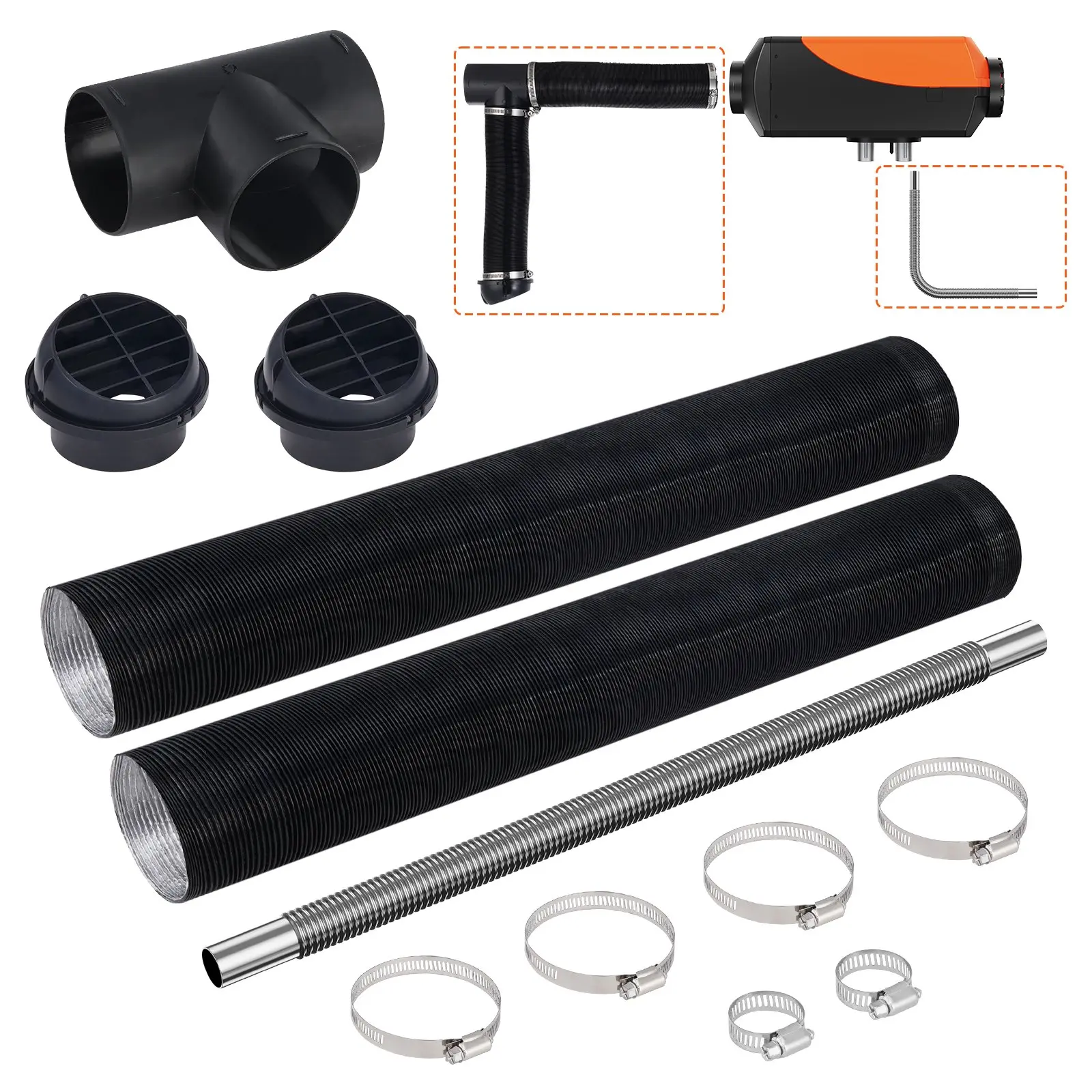 【Summerfinds】VEVOR Diesel Heater Pipe Ducting Set 3" Extendable Air Duct Hose1" Stainless Steel Exhaust Pipe2 Air VentsTee Air Outlet Connector and Hose Clampsfor 2KW/5KW/8KW Diesel Parking Heaters