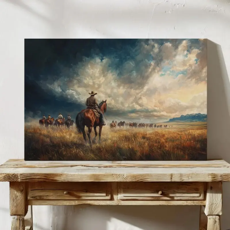 Cowboys Riding Through Prairie Canvas Art, Western Landscape Wall Decor, Rustic Ranch Poster, Vintage Western Scene Print Decoration
