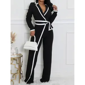 Women's Patchwork Print Belted Overalls Jumpsuit, Elegant Long Sleeve Jumpsuit for Work Office Business, Ladies Fall & Winter Clothes