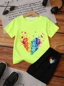 Girls' Summer Rainbow Heart Casual Printed Short Sleeve T-Shirt Shorts Set, Slim-Fitting Sportswear, All over Print, No Zipper
