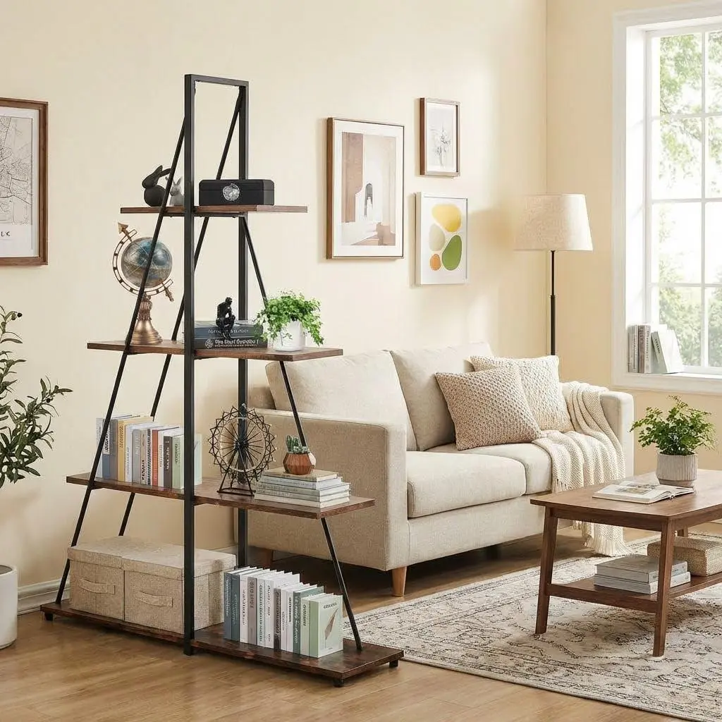 4-Tier A-Shaped Sailboat Design Ladder Bookcase, Narrow Sturdy Wood-Metal Frame Storage Display Shelves, Modern Shelves for Bedroom, Living Room, Home Office