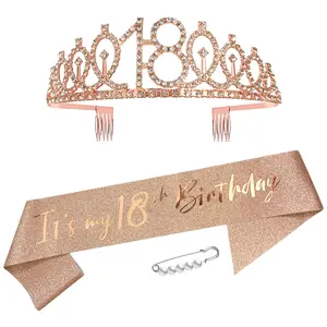 Rose Gold 18th Birthday Crown and Sash Princess Crown Queen Tiara Rhinestone Headbands Birthday Stuff Accessories Tiara and Sashes Decorations Set Girls 18 Years Old Party Supplies Birthday Clothing Accessories Birthday Gifts Crystal Crown Queen Sashes