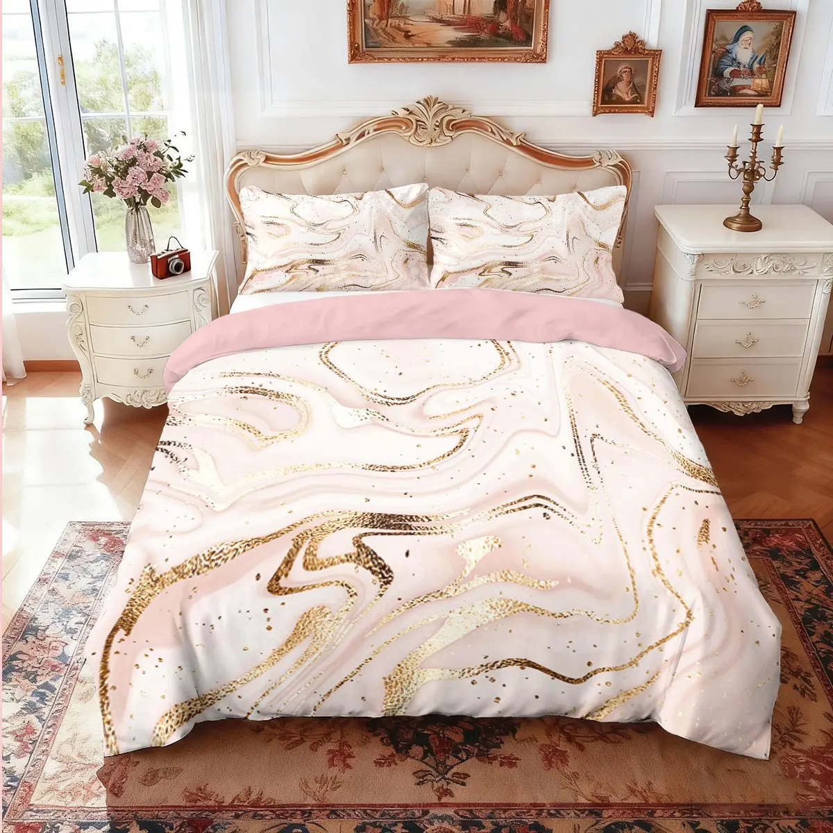 3-piece quilt cover set (1 quilt cover +2 pillowcases, no core) Light luxury pink gold marble print soft and comfortable bedding duvet cover, suitable for all rooms, Bed Sets Supplies